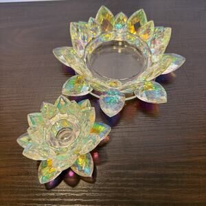 Iridescent Crystal Lotus Votive Pillar Candle Holder Set (2) READ